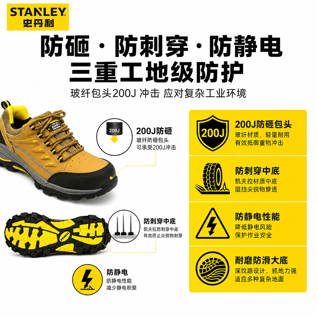 史丹利劳保鞋防砸防刺穿防静电户外登山运动休闲防滑舒适安全鞋