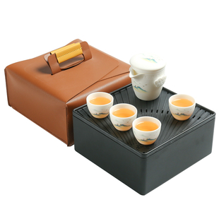 便携式 户外旅行h茶具素烧羊脂玉瓷一壶二四杯带茶盘茶水分离快客