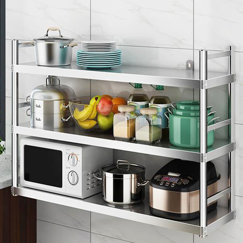 不锈钢厨房带围栏置物架挂墙收纳整理两层K架子碗碟调料三层上墙