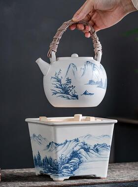 墨守 广式潮汕苏打釉围炉煮茶碳炉烧水泡茶壶P提梁壶陶土竹木炭炉
