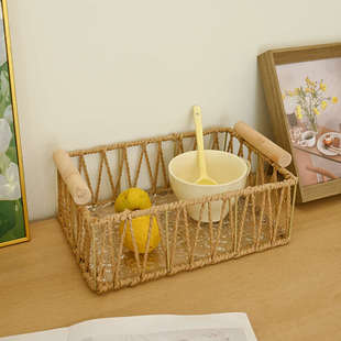 ins复古铁艺手提桌面收纳筐长方形编织储物整理框水果杂物收纳篮