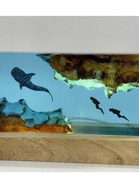 鲸鲨和潜水员 树脂夜灯 水肺潜水深海探索个性化木灯家居装饰礼物