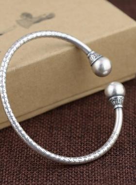 网红足银手镯复古工艺实心圆棍开口心经经文蒜头女士银手环