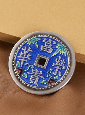 网红 足银珐琅老银工艺大钱花钱手工编绳吊饰挂件银钱吊饰配饰