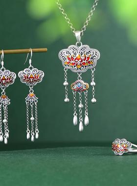 网红-S925银首饰套装优雅气质滴油莲花女款如意银锁吊坠戒指耳坠