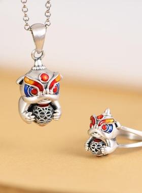 网红- 足银醒狮吊坠 复古工艺哑光福字吉祥瑞兽开口戒指女款佩饰