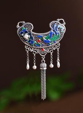 网红- S925银复古民族风凤凰牡丹长款如意锁女款毛衣链汉服吊坠