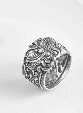 网红- 复古工艺 足银戒指宽版蝴蝶银凤凰牡丹花女士款指环食指戒