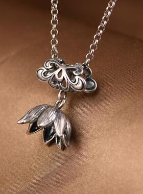 网红- S925银吊坠空托 复古莲花银针蜜蜡松石玉石坠子银托花托扣