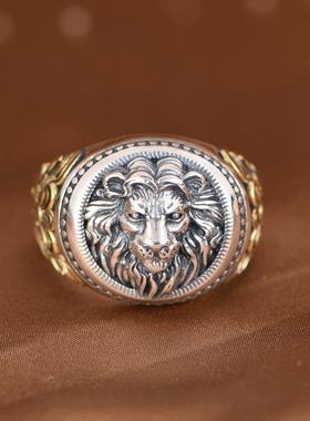 网红- S925银戒指 复古潮人朋克风金色常青藤银狮子雄狮男戒指环