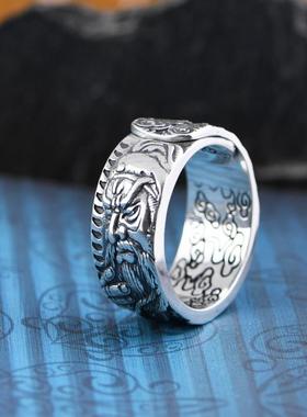 网红- 足银 复古做旧 浮雕祥云纹关公关羽戒指指环 男款活口手饰