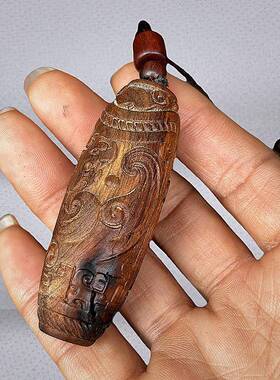 雷击枣木五岳真形图圆柱形吊坠挂件 精雕枣木挂件 道家用品