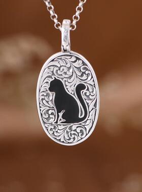 网红- S925银吊坠 复古潮人时尚常青藤滴油小猫椭圆银牌吊饰男女