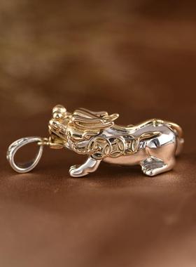 网红- S925银吊坠 金色铜钱币立体貔貅吊饰挂坠女款银饰项坠配饰