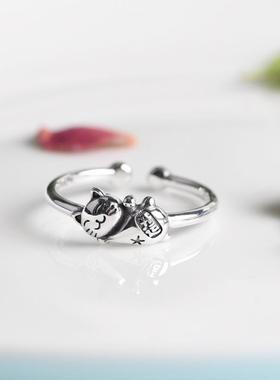 网红- 文艺时尚小花猫指环手饰 复古设计感猫咪银饰S925银戒指女