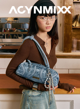 Acynmixx牛仔蓝法棍包2025新款保龄球包包女高级感通勤单肩腋下包