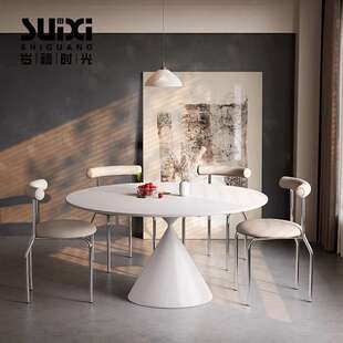 轻奢奶油风岩板餐桌椅组合白色现代简约小户型家用可旋转伸缩饭桌