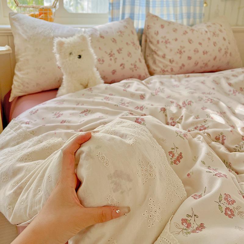 韩式水洗棉蕾丝花边四件套软绵绵床单款套件单人宿舍三件套四季