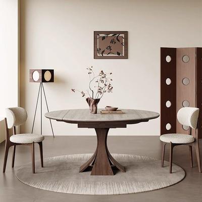 实木伸缩餐桌长方形可变圆桌轻奢高端胡桃色设计师款洞石岩板餐桌