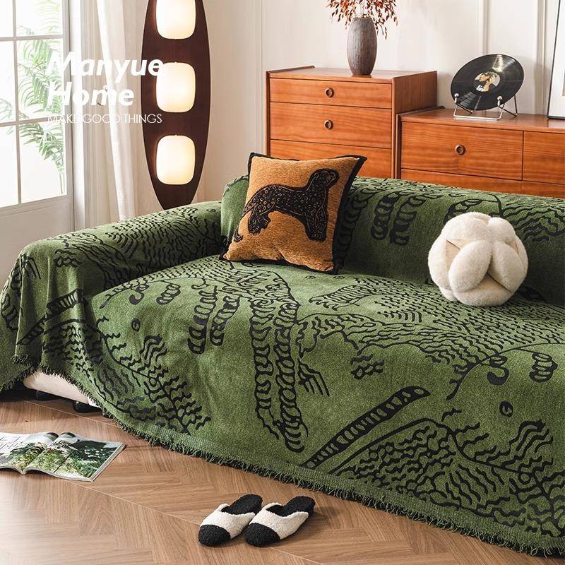 东方虎纹 轻奢中古风沙发巾雪尼尔客厅沙发套罩布巾防猫抓沙发套