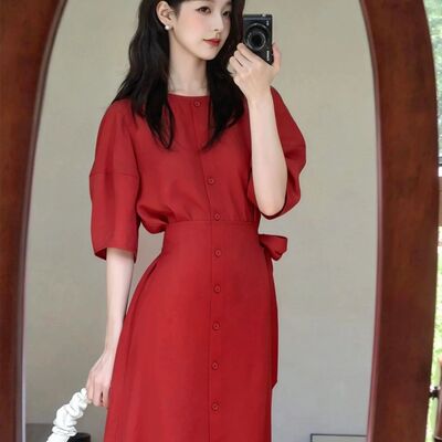 法式红色短袖衬衫连衣裙