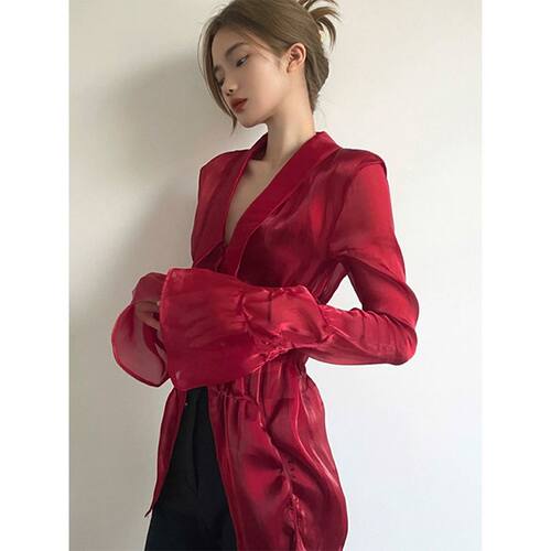 春新款红色衬衫女法式复