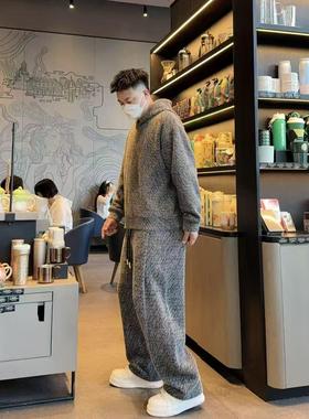 13032-13033秋冬季加厚保暖宽松套装男女同款连帽潮流休闲套装