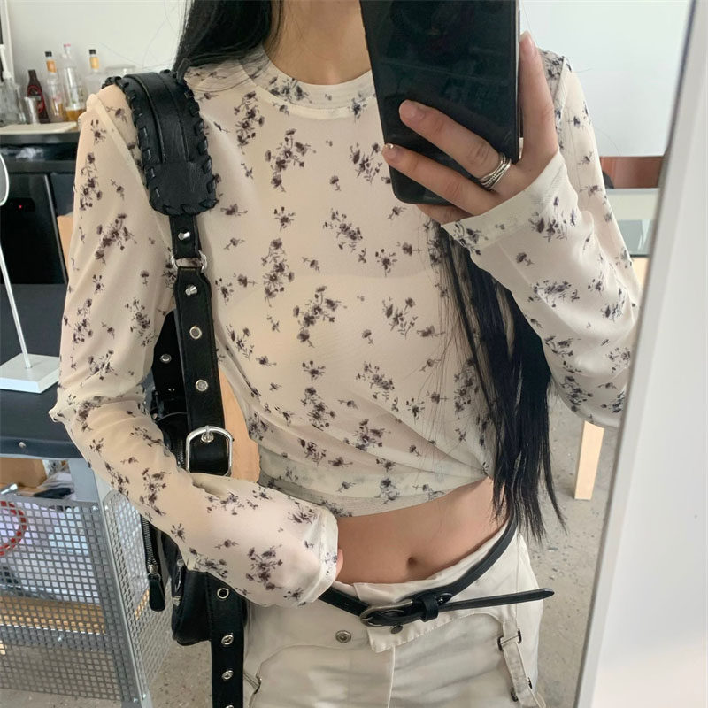 速发20款春款小花朵网纱薄2T恤设计感宽松短众气质小上衣