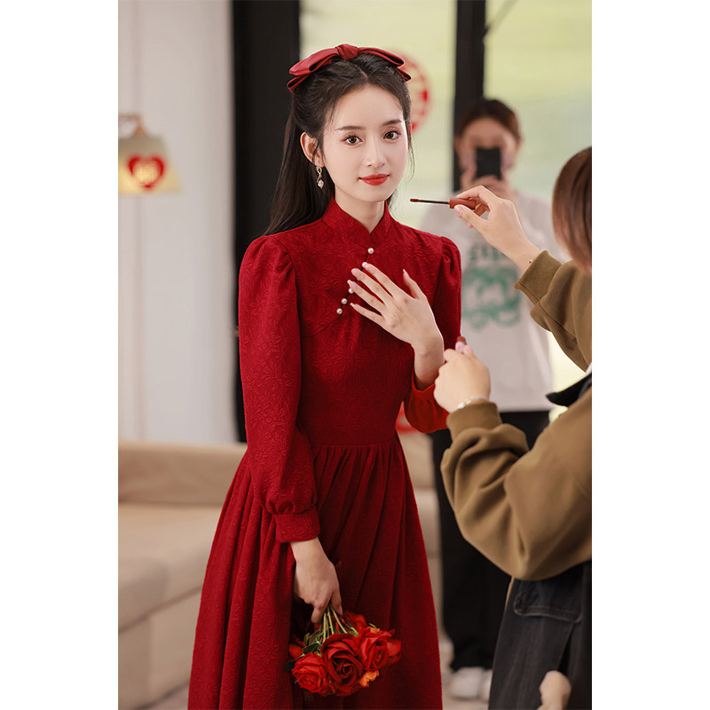 速发中式旗袍敬酒服新娘2024年轻子秋冬长袖小个款结婚礼服平时可