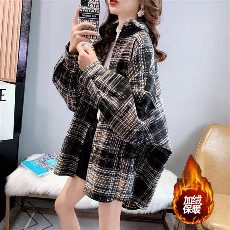 速发大码套绒加厚毛呢格款外加胖妹妹秋冬正肩高级感中长子上衣