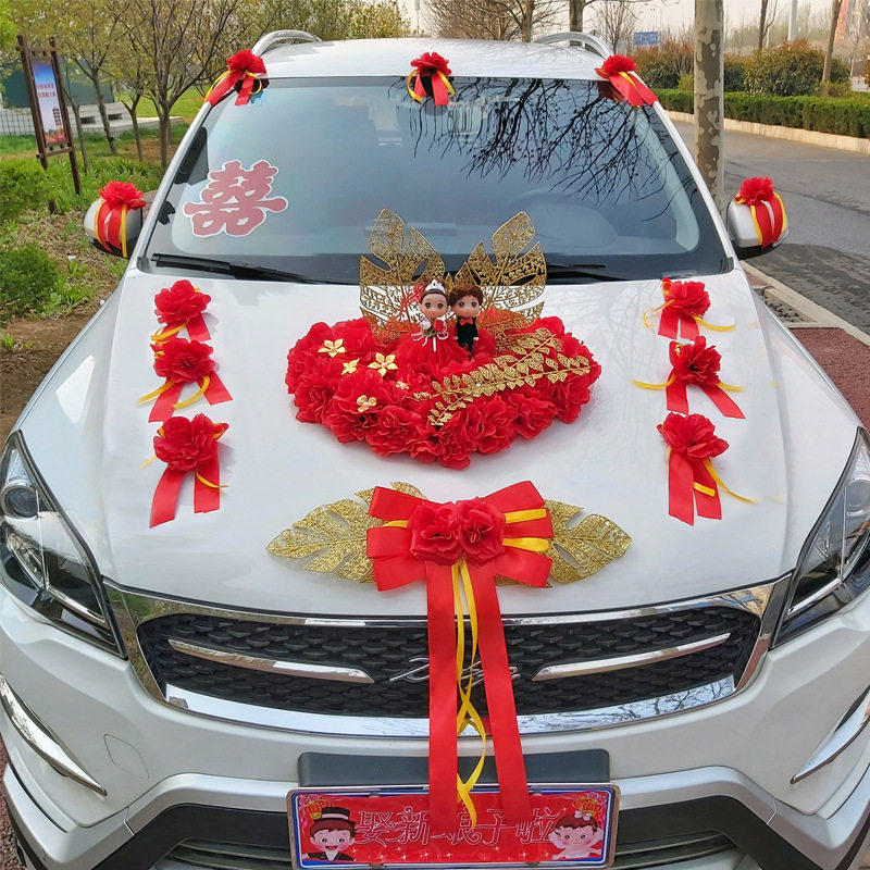 速发主婚车装饰套装结婚红金花花车头车车结婚车队置布新款