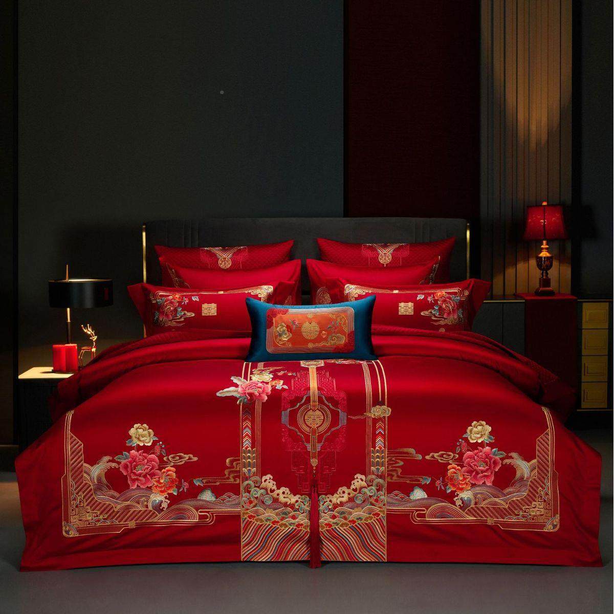 庆家纺红DM1082四件套长绒色棉花卉刺绣婚结床上用品婚房布置陪婚,床上用品,婚庆床品套件,淘宝优惠券,粉丝福利购,淘宝优惠卷