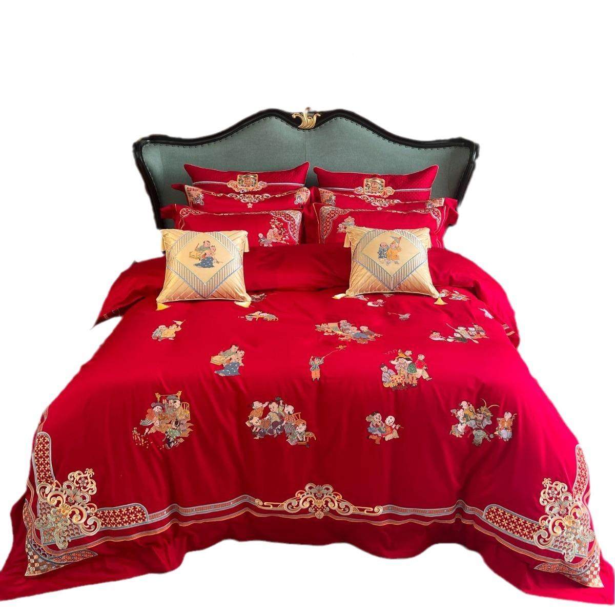 百子绣婚庆家纺红色被四件套长绒棉早婚生贵子套结床上用H1194刺,床上用品,婚庆床品套件,淘宝优惠券,粉丝福利购,淘宝优惠卷