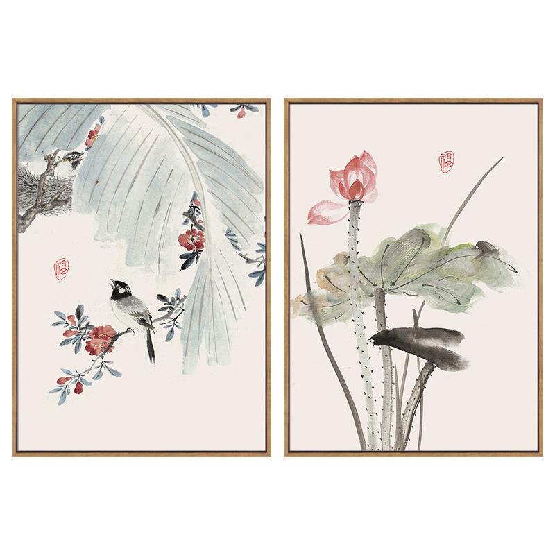 新中式客厅装饰YZ202302画水花鸟国画沙发背墙墨挂画国风玄茶关室