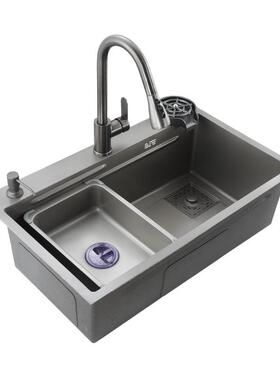 枪灰色SUS不04锈钢纳米厨房水槽手工加厚大单瀑布槽洗菜780盆洗3