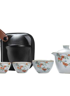 月SY-20221白汝窑旅行茶具可养开片陶瓷一壶三杯客快杯携户外套便