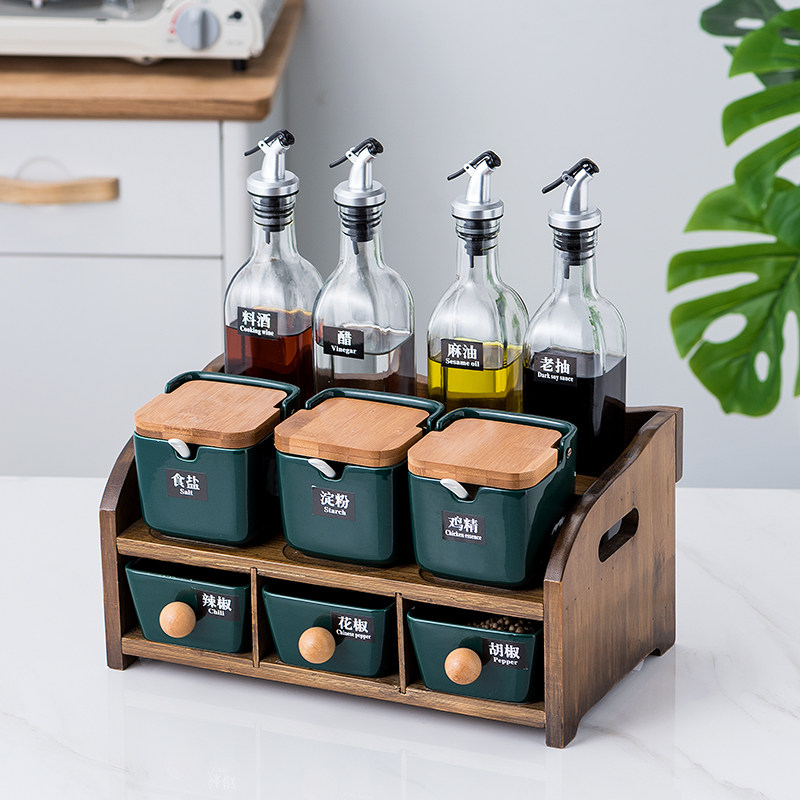 胡桃木调料盒套装家用调味料罐调料架油瓶壶盐罐瓷厨房.用品置物