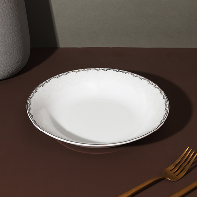 隆昌骨瓷香d榭丽舍盘子饭盘平盘菜盘家用餐具套装白色带银边餐盘