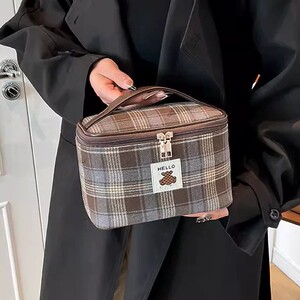 复古格子化妆包女大容量化妆品收纳包外出便携手提旅行化妆洗漱包