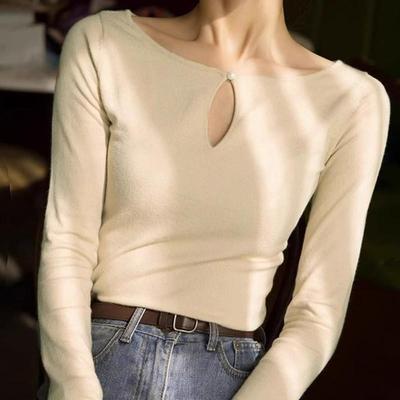 法式秋季薄款针织衫女修身设计感小众别致打底衫女内外搭洋气上衣