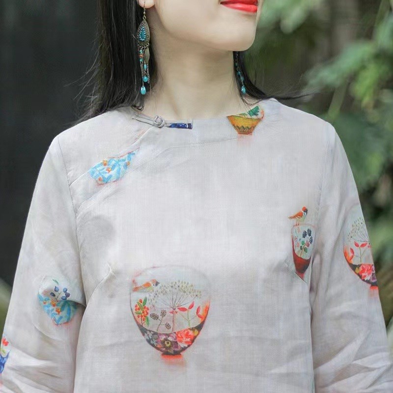 念江南民族风棉麻混纺复古中长款A宽松上衣女圆领禅意茶服衬衫女