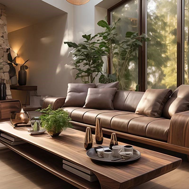 新中式实木客厅沙发高档黑胡桃木现代简约小户型直排Z真皮三人位