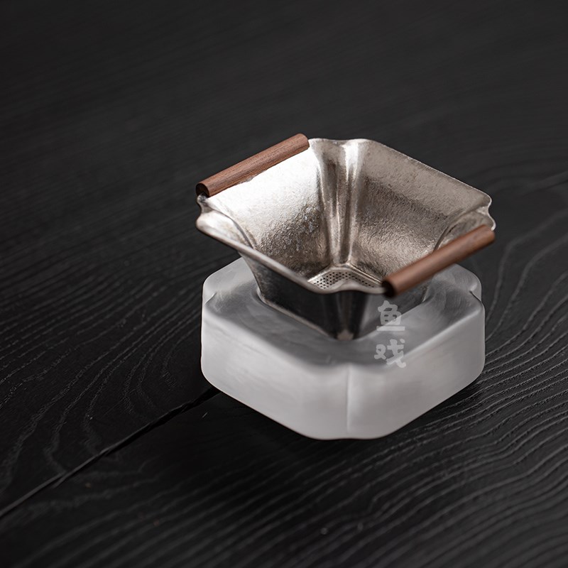 鱼戏纯钛茶滤水晶玻璃底座一v体茶漏套装茶隔超细茶叶过滤网滤茶