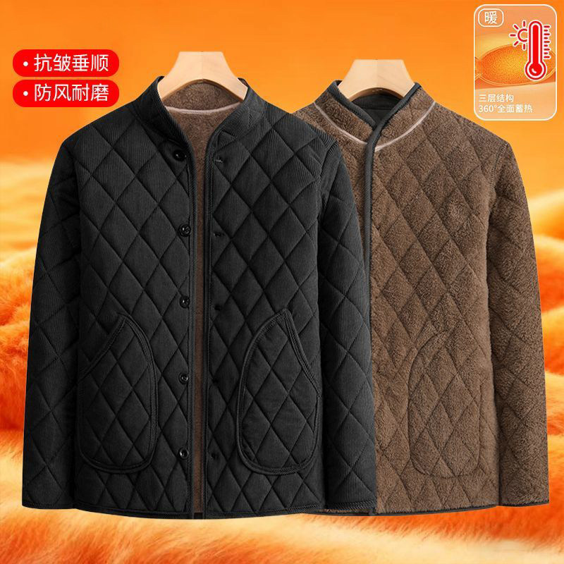 盛卡伦冬季新款中老年男士加厚棉衣立领菱格纹保暖防风爸爸装外套,男装,棉衣,淘宝优惠券,粉丝福利购,淘宝优惠卷