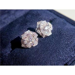 s925纯银18.K柏.嚼花耳钉 女白金耳环花朵山茶花镶钻双C小香风