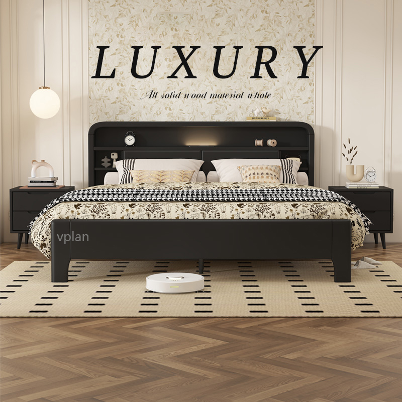 速发vpla床法式复古风色实波浪床黑木床简约主卧室婚床1.8米
