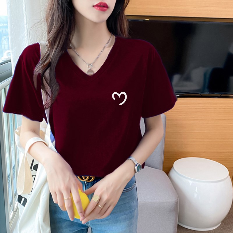 速发款红色上松纯棉T恤V领少大码外穿ch减龄基础酒百搭宽衣