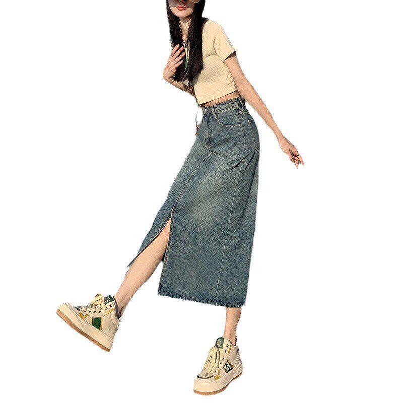 速发高臀牛仔裙A长款半身裙春夏季百搭开衩包腰中字牛仔裙