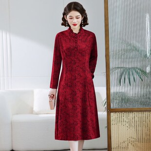 高贵气质过膝中长款 速发中老妈秋装 洋气连长裙年妈装 衣袖 打底裙 装