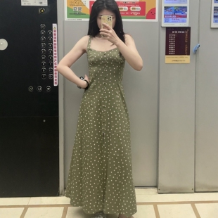 ZR 日常穿搭夏日清新海边度假橄榄绿波点吊带迷笛长连衣裙2587151